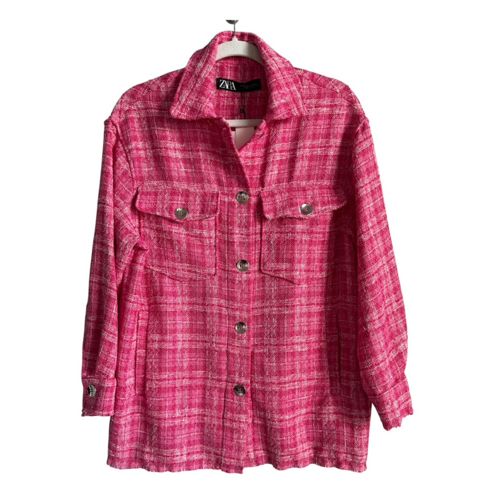 ZARA Pink Plaid Tweed Shacket Oversized Shirt Jacket Boucle Coquette XS NEW